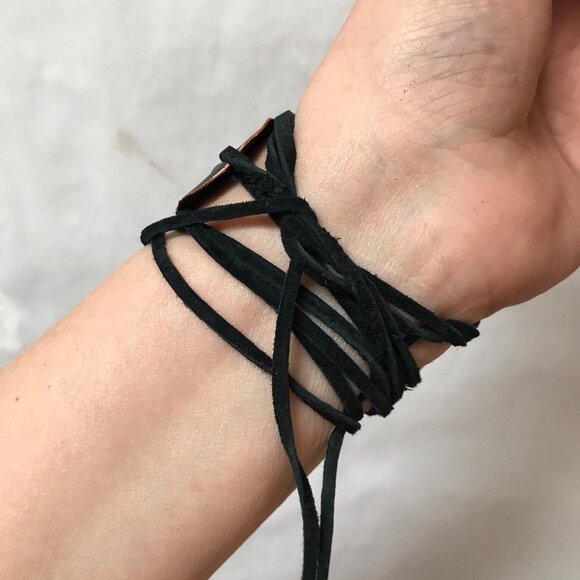 Handmade Ketoh Repousse Solid Copper Cuff Bracelet Genuine Leather Tie Wrap - Picture 4 of 15